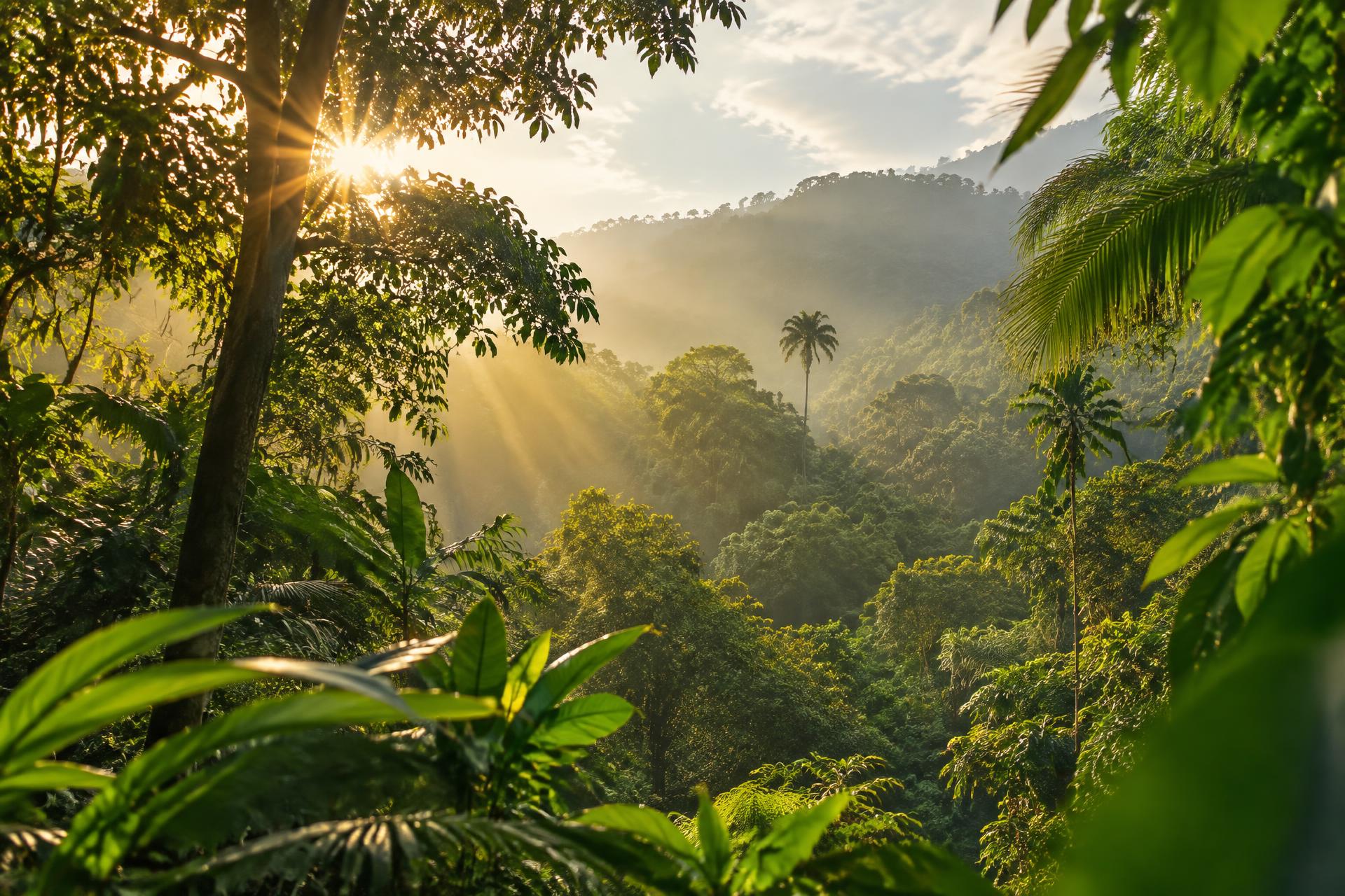 Floresta tropical brasileira com luz do sol atravessando a vegetação
