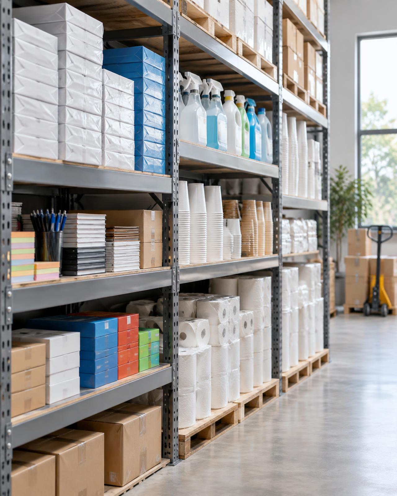 Centro de distribuição com produtos organizados de diferentes categorias